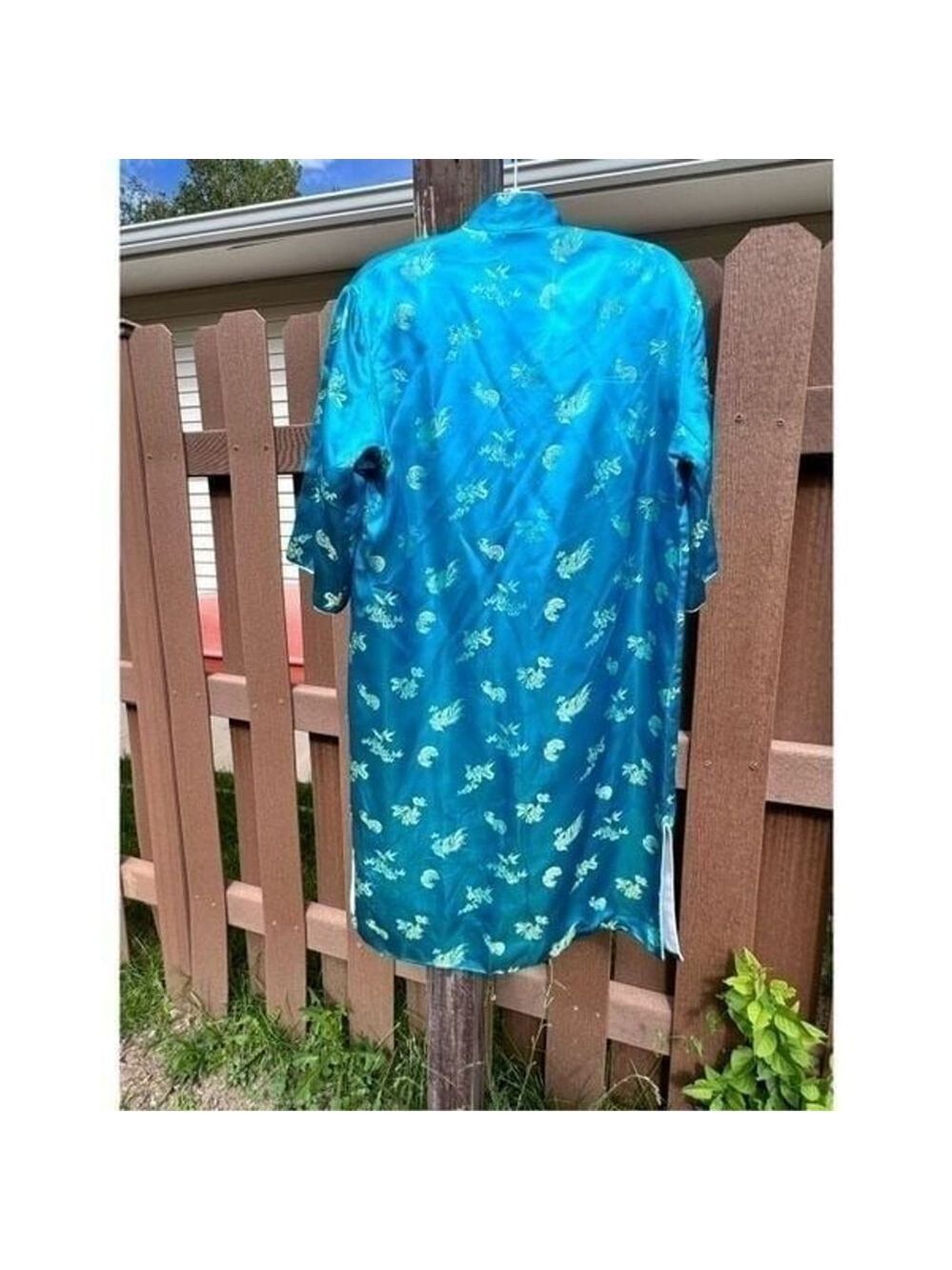 Cheongsam dress shiny silky blue med Hong Kong ornate gold embroidery white sati - Picture 7 of 12